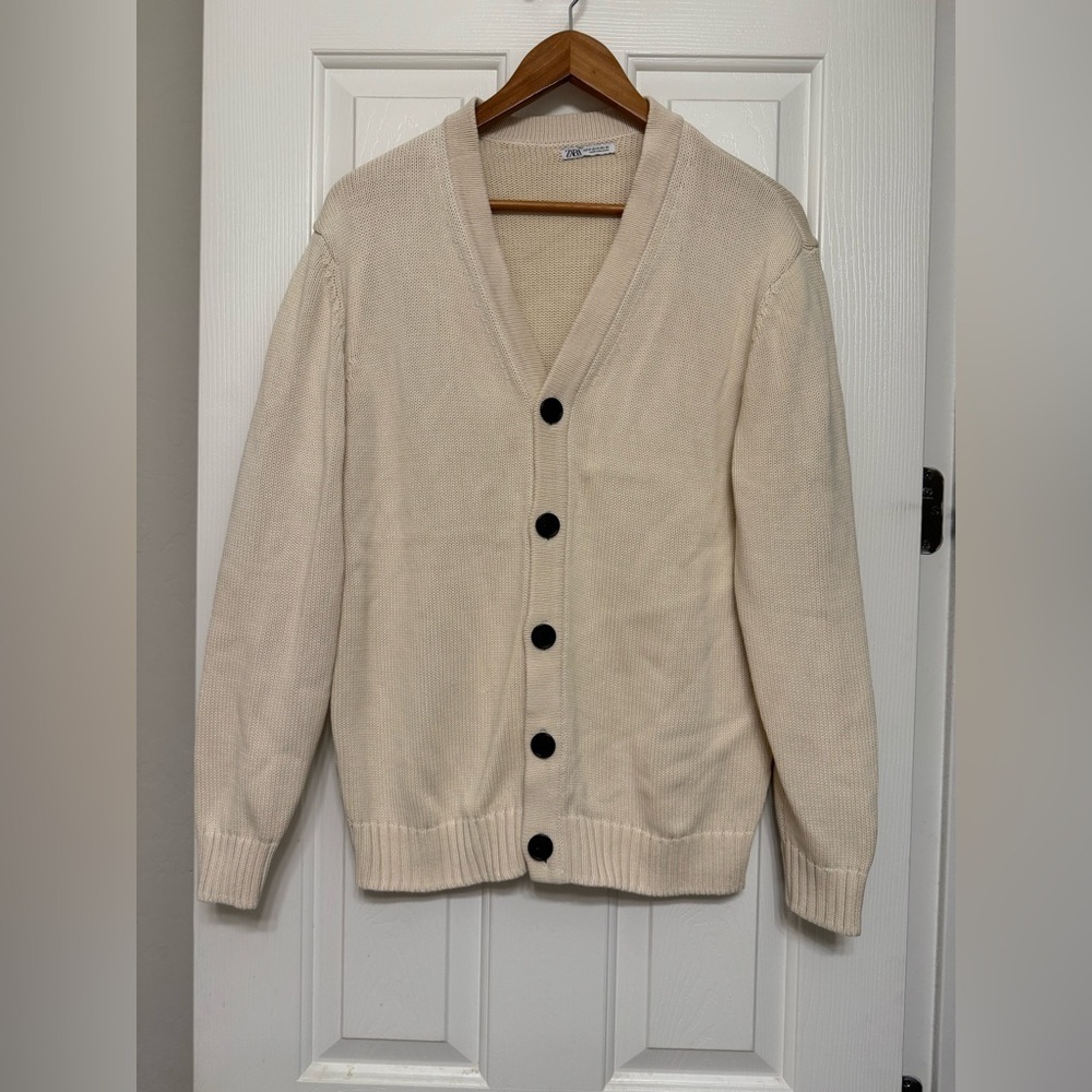 ZARA Men’s 100% Cotton Cardigan Sweater – Cream – Size M